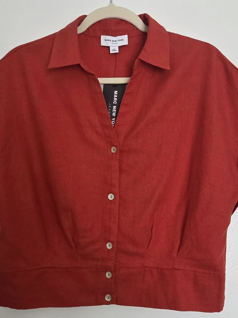 Marc New York Red Linen Button-Front Crop Top